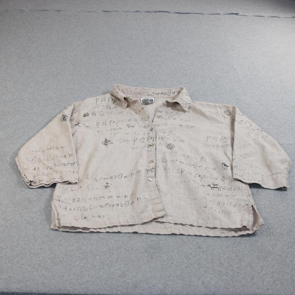 Chico's Design Shirt Women 3 XL Beige Linen Button 3/4 Sleeve Lagenlook Art Boho